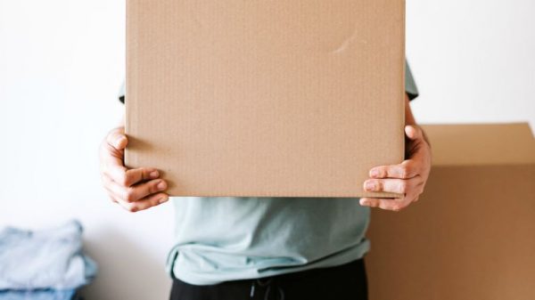 A person carrying a big cardboard box