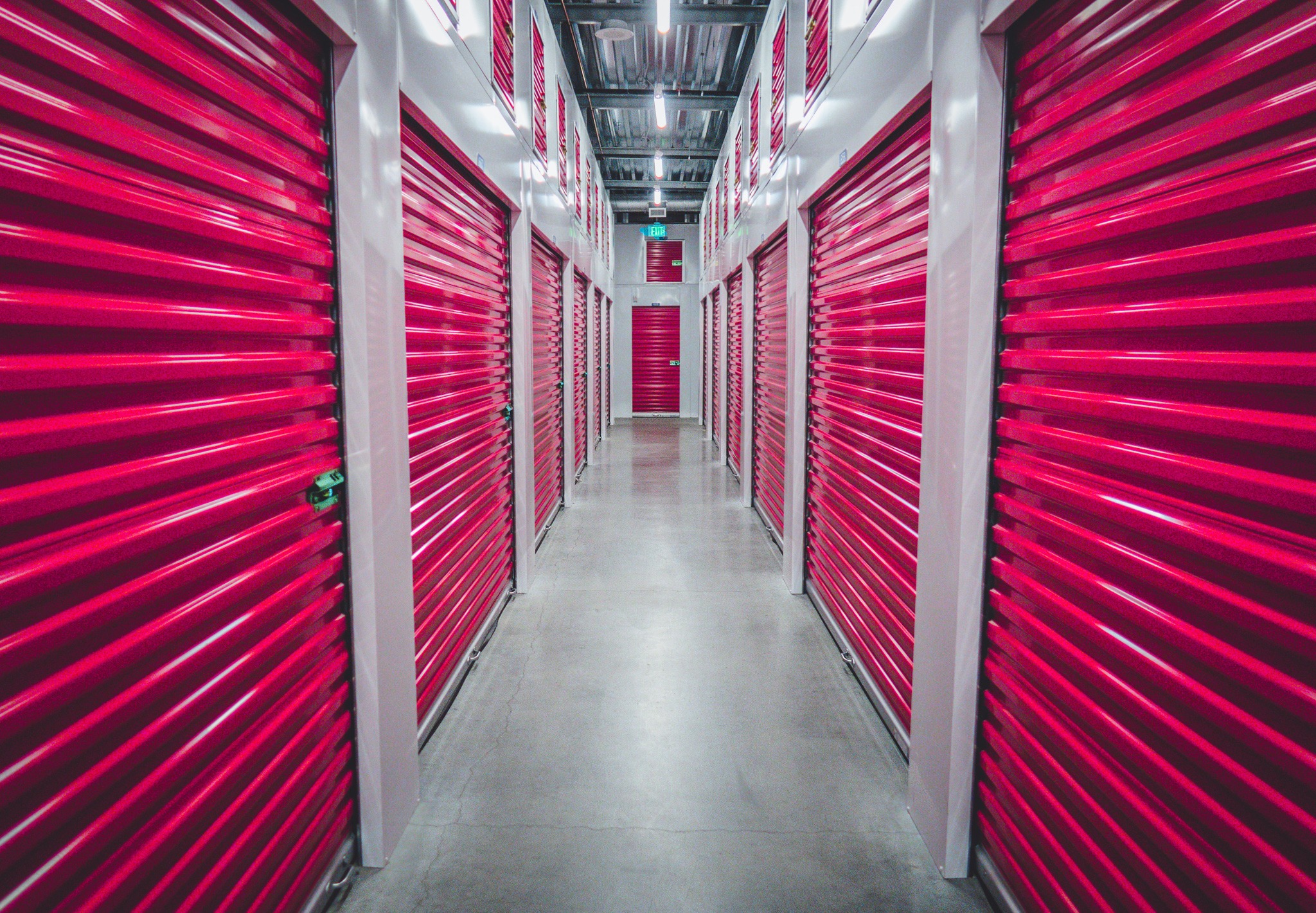 Red roller doors that go down a long hall way! 